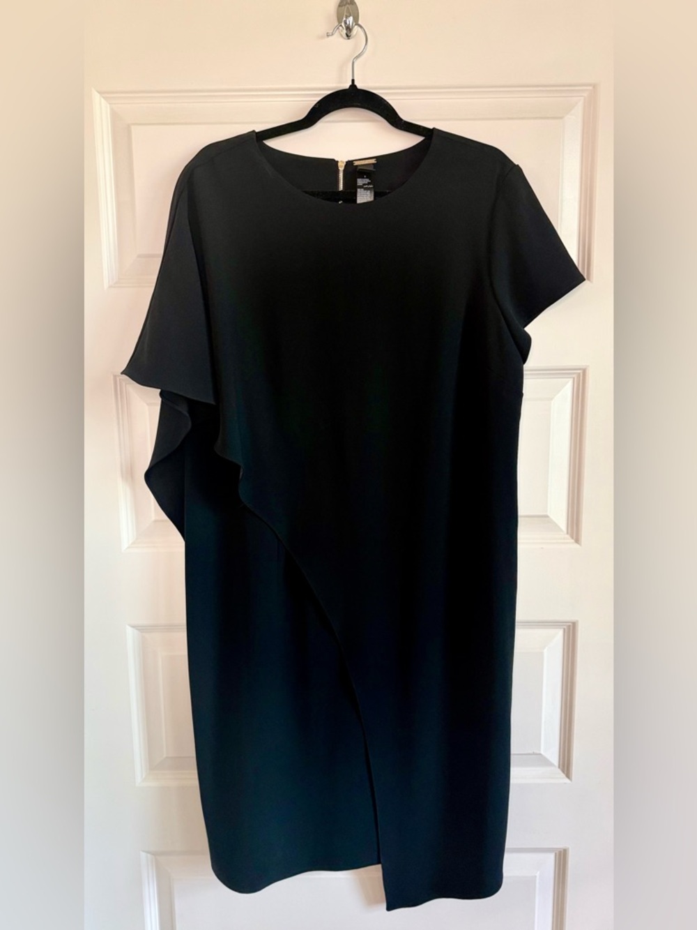 Black Label by Chico’s Black Midi Dress with Asymmetric Draped Ruffle